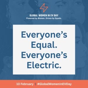 A promotional graphic for Global Women in EV Day featuring the text Everyone’s Equal. Everyone’s Electric. on a blue background with illustrations of women’s faces. The event date and hashtag are at the bottom.